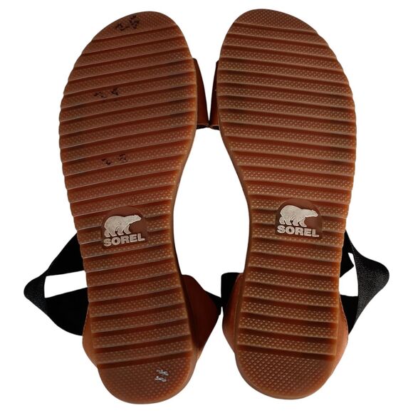 Sorel Ella II Sandals Black Brown Leather Elastic Strappy Flat Comfort 9 - Picture 8 of 9